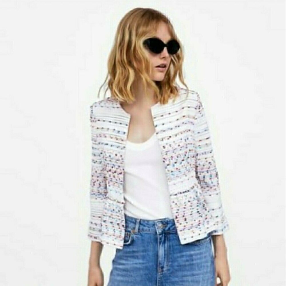 Zara Basic White Multi Metallic Peplum Blazer XS